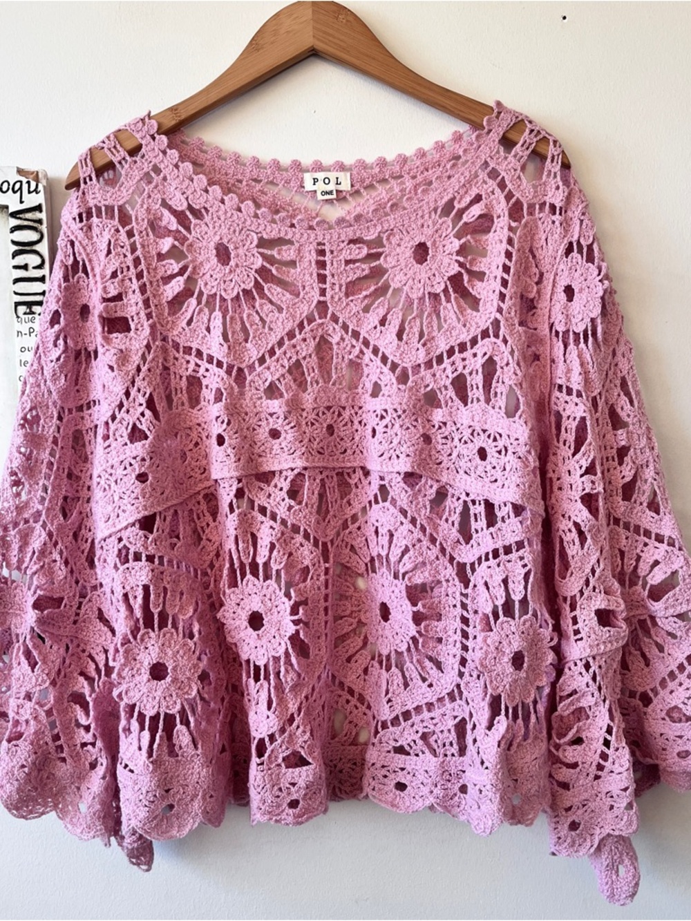 POL Boho Pink Crochet Bell Sleeve Feminine Festival Women’s Top One Size